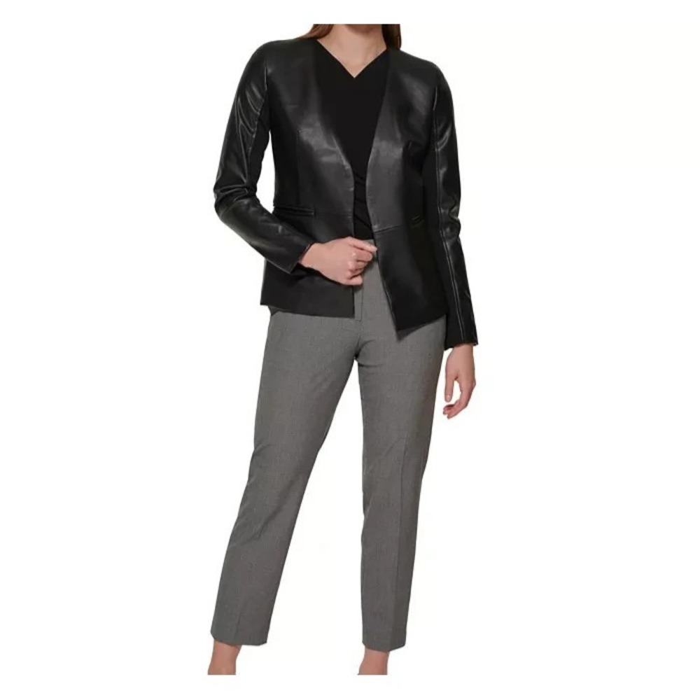 Calvin Klein Open Front Womens Faux Leather Black Jacket Business 8P/8CH/8TP New